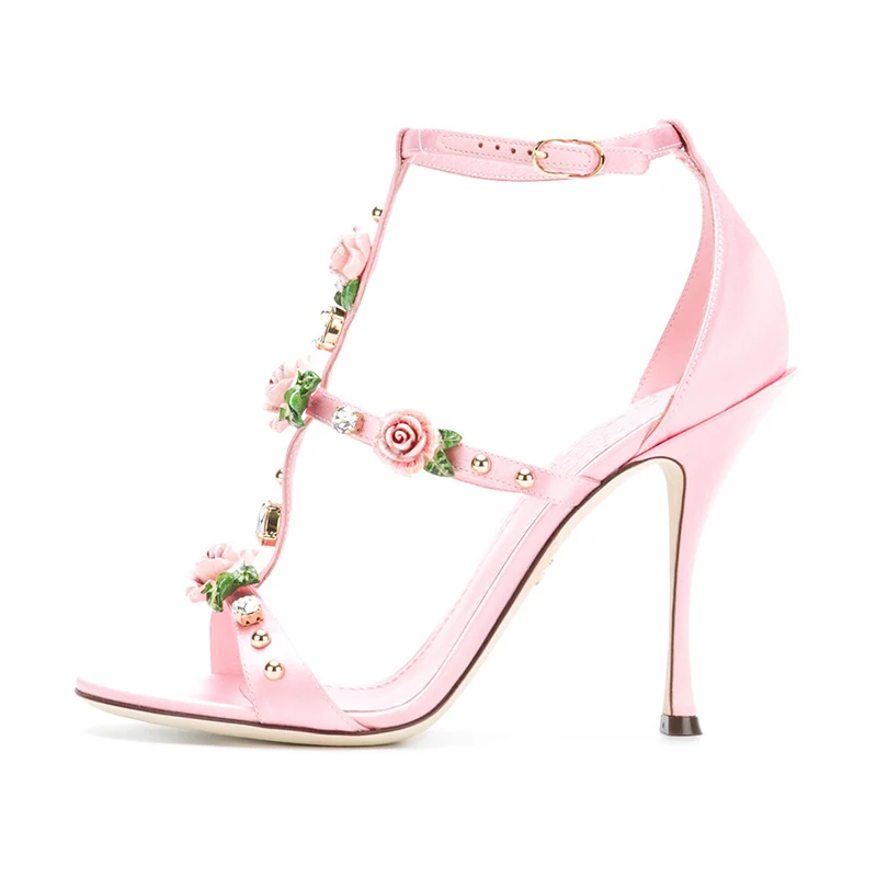 

Handmade 2021 Runway Pink Satin Rose Embellished Sandals Crystals Summer Flower High Heel Sandals Wedding Shoes Bride Pumps