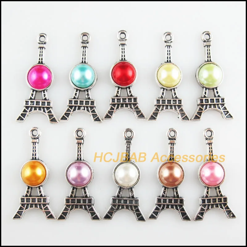 10Pcs Tibetan Silver Tone Mixed Acrylic Eiffel Tower Charms Pendants 16.5x35mm