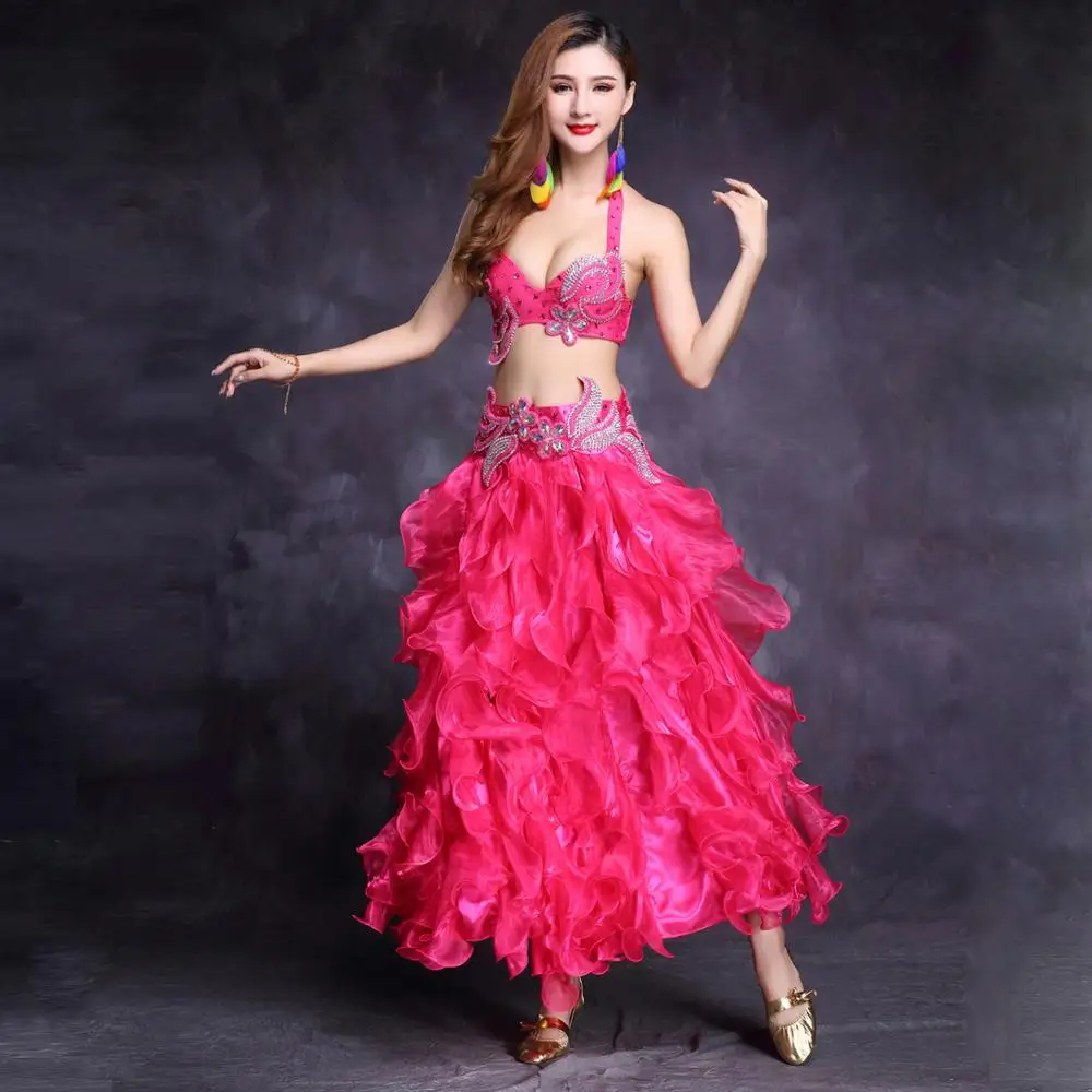 Women Egyptian Dance Clothes Rhinestones Beaded Outfit Cup 34C/36C/38C Oriental Belly Dance Costume Set Bra Belt Skirt