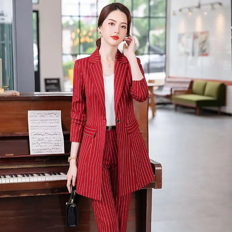 Women\'s Striped Blazer and Pencil Pant Sets, 2 Piece Formal Suits, Office Ladies, Business, Classic, Long, Autumn