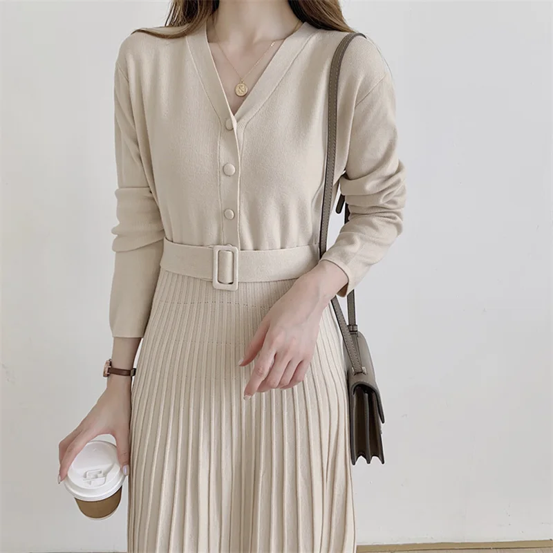 Croysier Dresses For Women 2021 Fashion V Neck Long Sleeve Belted Knitted Dress Autumn Winter Button Elegant Pleated Midi Dress