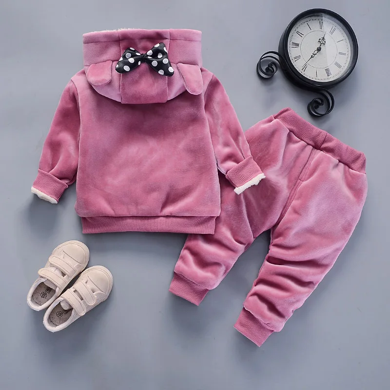 2023 New Winter Mouse Letter Thick Keep Warm Girls Clothing Set velluto peluche fodera giacca con cappuccio + pantaloni 2 pezzi Outfit