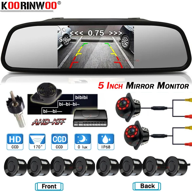 Koorinwoo Car Parking Sensor 5 Inch Mirror Monitor rear view Camera + Front Fort Cam IR Night Vision Alarm System Car Parktronic