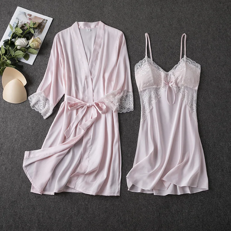 2PCS Pajamas Set White Women V-Neck Sleepwear M-XL Lace Kimono Sexy Nightshirts Flower Nightwear Robe Gown Sleep Suit Nightgown