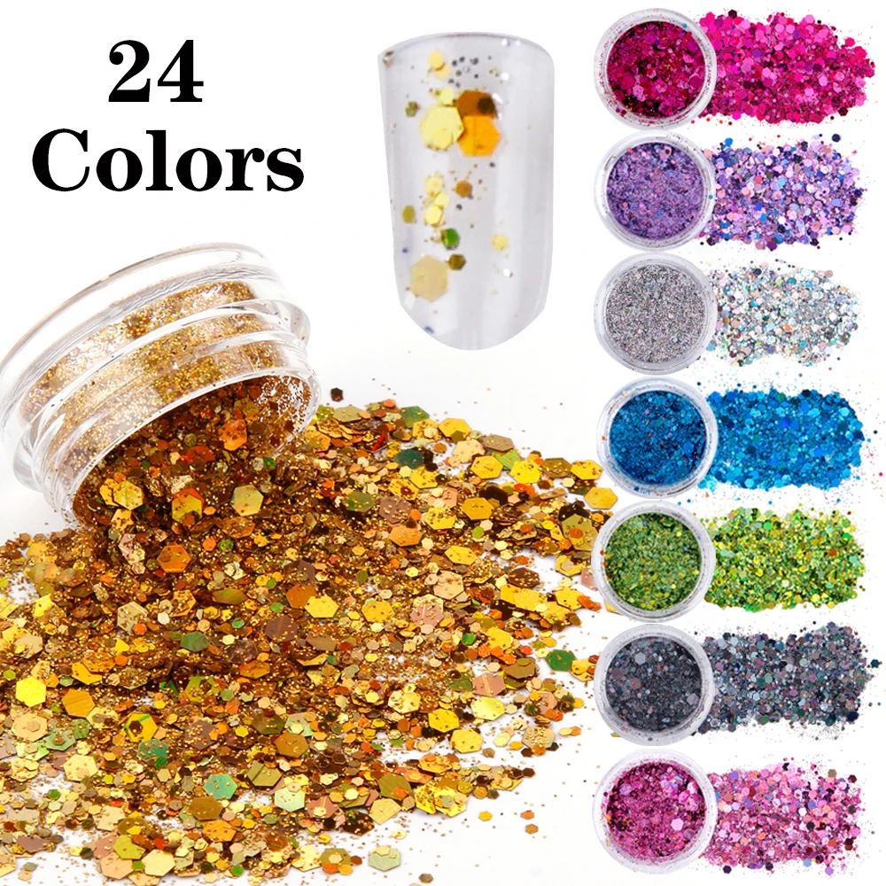 

24 Jars/Lot Chunky Glitter Nail Art Flakes Holographic Powder Face Body Eye Glitter Mix Manicura Decoracion Nails Accessories