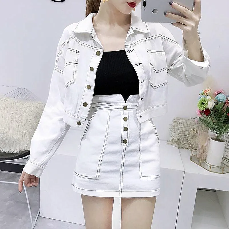 Fashion Women'S Clothing Set Long-Sleeved Jean Jackets Coat White Skirt Two-Piece Denim Suit Slim Casual Lady Vestido SY026