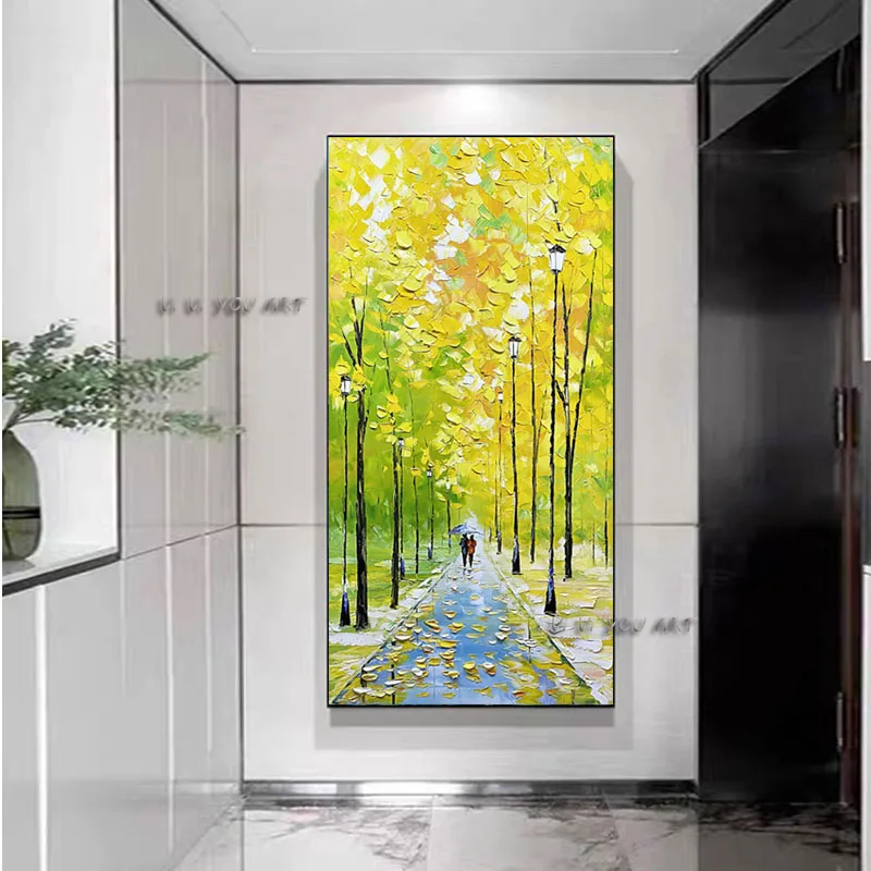 Handmade Modern Canvas Oil Painting Lover Walk Forest Palette Knife Picture Tree 3D Flowers Painting Autumn Decor Wall Art Gift