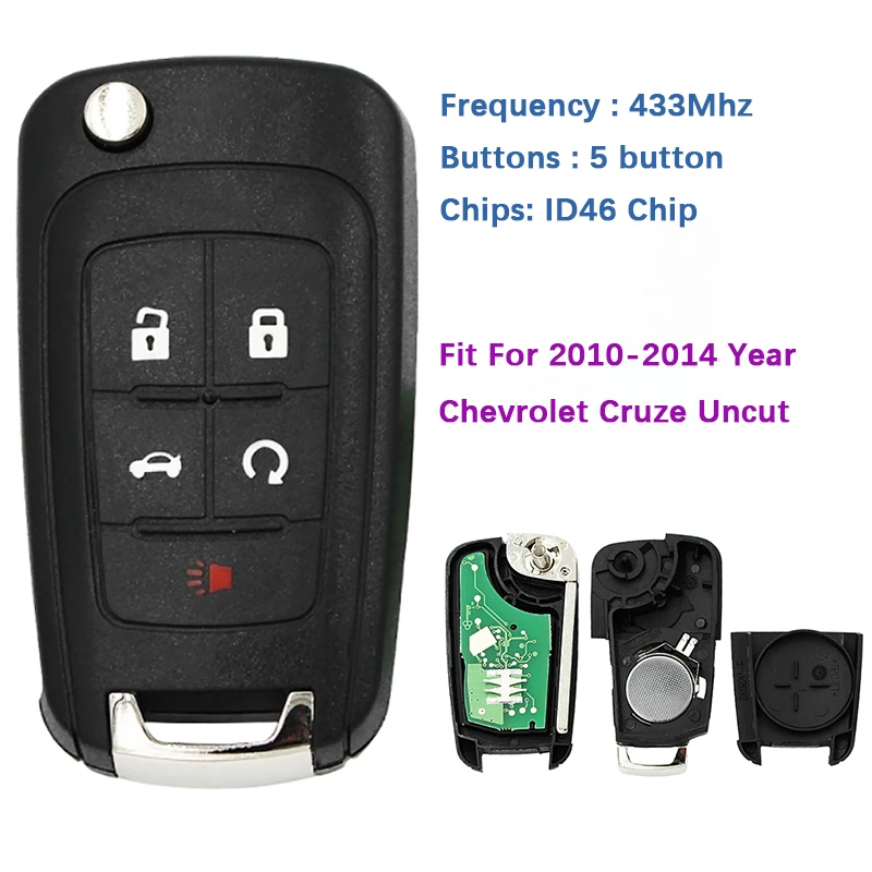 

CN014008 Aftermarket 5 Button Flip Remote Key For Chevrolet Cruze 2010-2014 With 433MHz ID46 Chip Uncut Blade Key