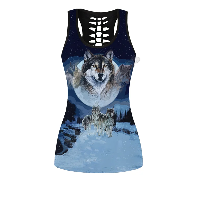 Beautifull White Wolf 3D All Over Printed Legging Hollow Tank Combo Suit sexy Yoga Fitness Soft Legging Summer Women For Girl 01