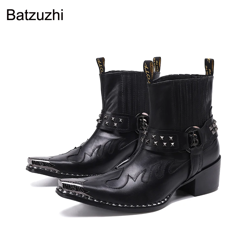 Batzuzhi Rock Genuine Leather Ankle Men Boots Western Cowboy Men Boots Pointed Toe Iron Head Black Riding/Motorcycle Party Botas