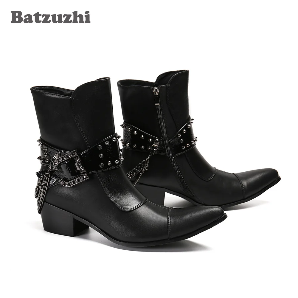 Batzuzhi Western Cowboy Boots Men Pointed Toe Leather Ankle Boots Men Buckles Chains Punk Motorcycle Botas Hombre,Big Sizes US12
