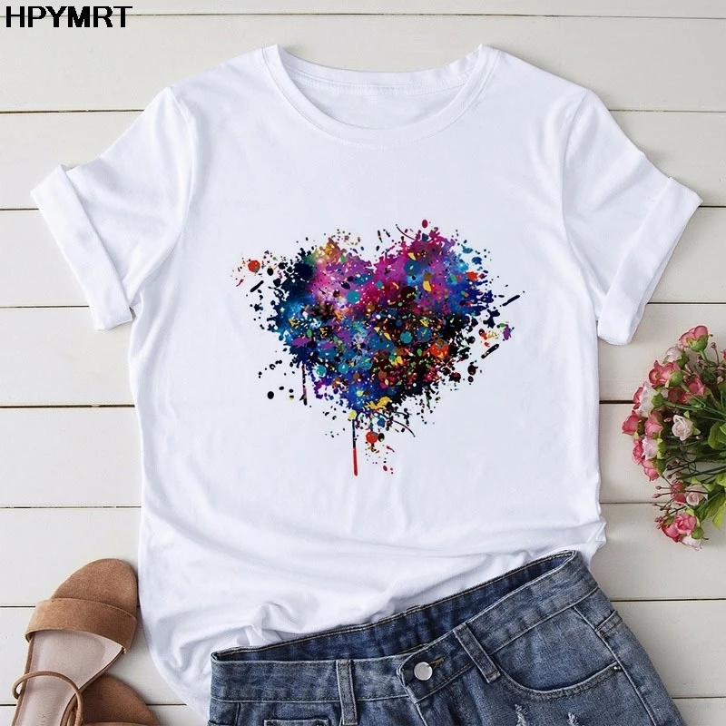 

Dazzling Color Heart Print Women Tshirt Fashion Casual O Neck Female T Shirt 90s Lady Young and elegant Girl t-shirt female tops