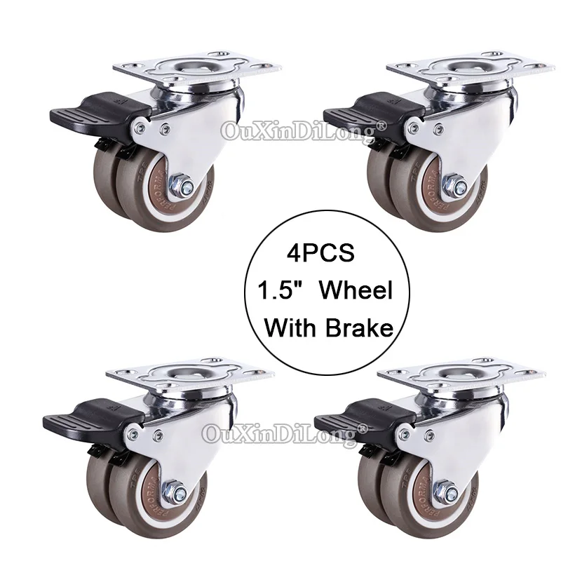 Brand New 4PCS 1.5'' Heavy Swivel Dual Wheel Castors Rubber Super Mute Furniture Casters with Brake Max Loading 135KG