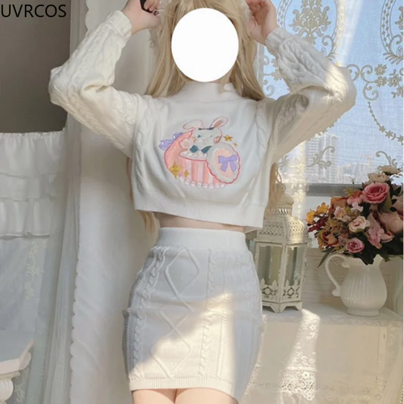 Gonna a maglia ricamata coniglio carino imposta ragazze dolce stile Lolita autunno inverno o-collo maglione lavorato a maglia a vita alta Mini gonne