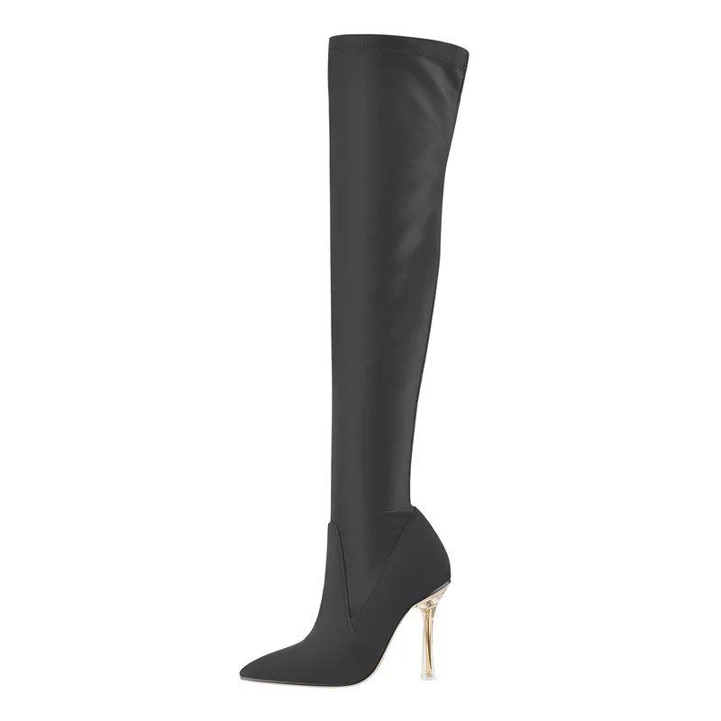 Onlymaker Women  Over The Knee Boots Pointed Toe Black Satin Flock High Stretch Clear Metal High Heel Zipper Concise Sock Boots