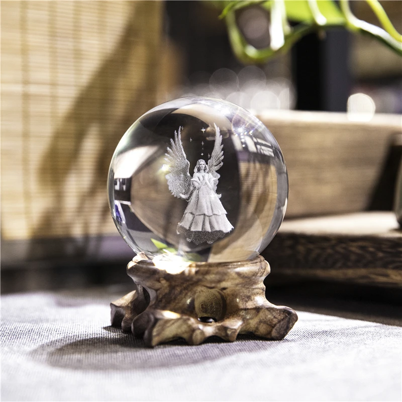 H&D 3D Laser Engraved Angle Figurines Crystal Ball Paperweight Home Art Decor Crafts(60mm)