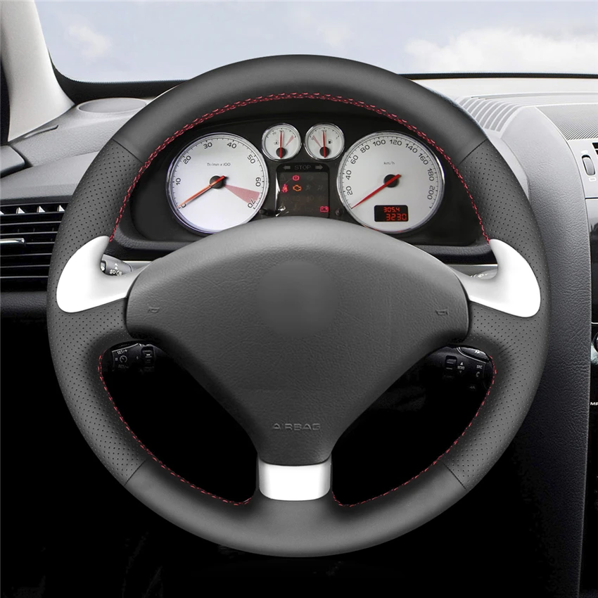 Hand-stitched Black Leather Car Steering Wheel Cover for Peugeot 307 CC 2004 2005 2006 2007