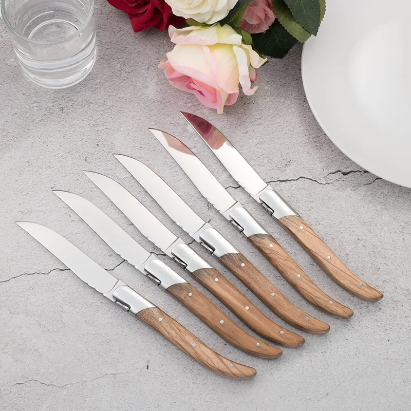 4/6/8/10pcs Laguiole Steak Knives Set Olive Wood Handle Dinner Knife Hammer Blade Steak Knife 8.25inch Kitchen Cutlery Christmas