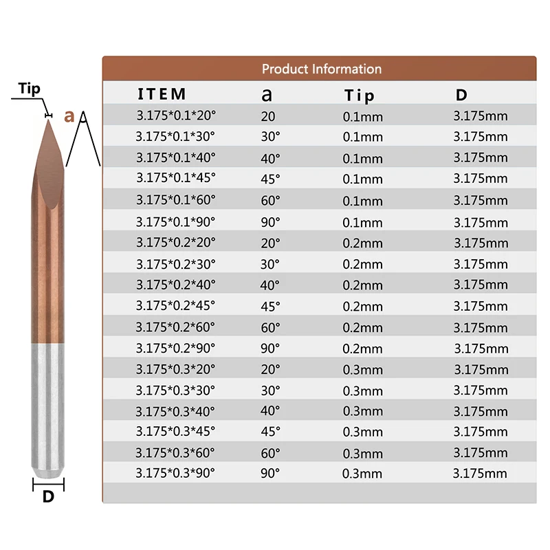 CMCP Milling Cutter Engraving Bit 10pcs 1/8'' Shank 3 Edge Pyramid Bit Carbide End Mill Straight V Bit CNC Machine Router Bit