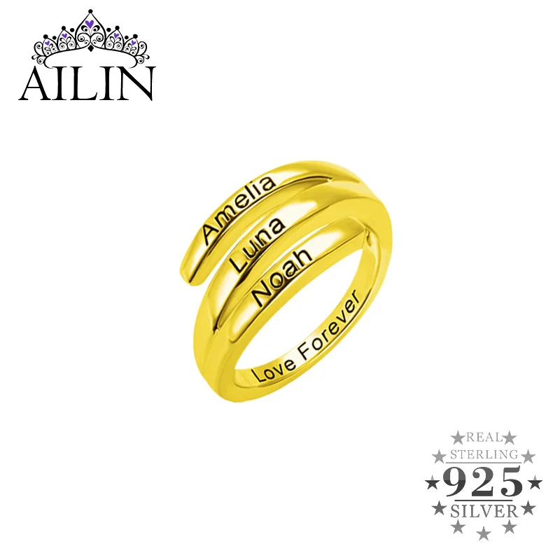 

AILIN 18K Gold Plated Engraved Rings Women 925 Silver Personalised 3 Name Ring Family Best Friends Jewelry Customized Gifts