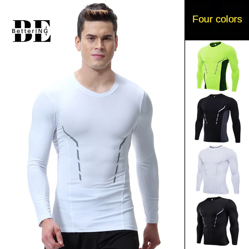 2021 Male Sports Tights Long Sleeves Breathable Quick-dry Fitness Wear Running Football Training High Elastic V-neck Sportswear