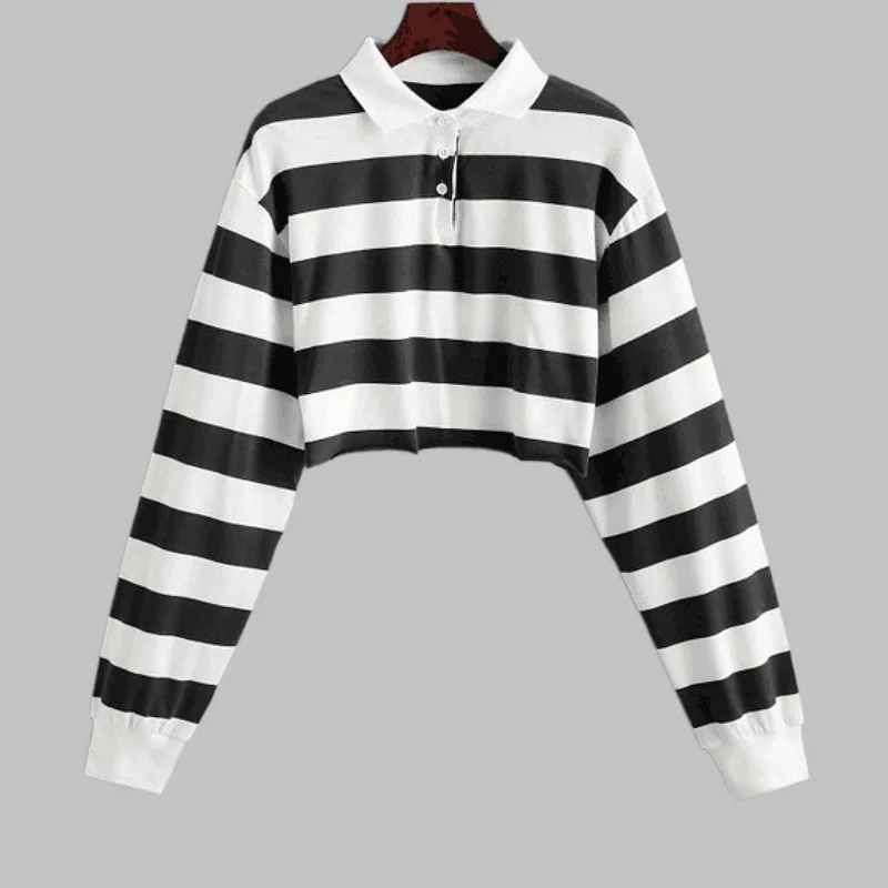 

Polo Striped Tunic Slim Crop 2021 Fashion Long Sleeve Women T Shirt Turn Down Collar 2021 New Spring Fall Harajuku Elastic Top