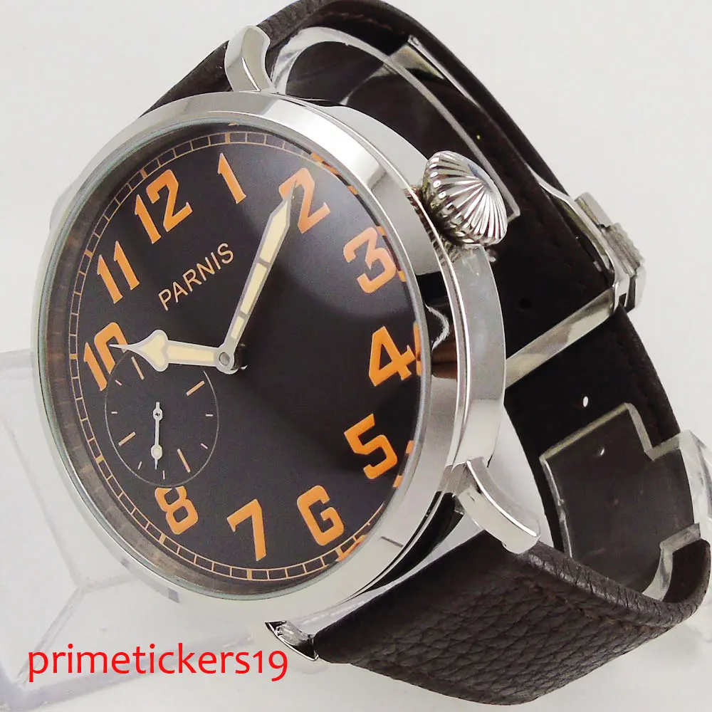 46mm Parnis Orange/Black Marks Stainless Steel Polished Case Leather Strap 6497 Hand Winding Movement Men Watch Black Dial