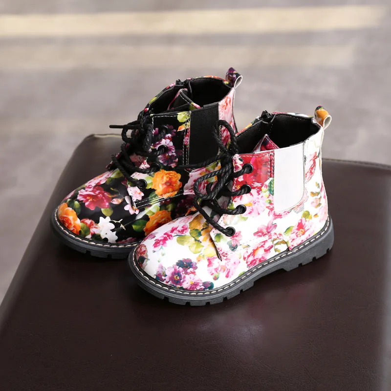 Little Baby Girls Children Leather Boots Kids Boots Flower Print Baby Girls Shoes Girls Boots 3 4 5 6 7Years Old Kids