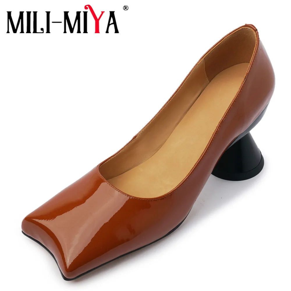 MILI-MIYA Special Design Pumps High Quality Patent Leather Black Shallow Comfortable Block Strange Shaped Heel Handmade Shoes