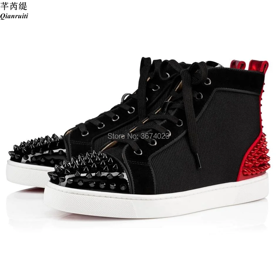 Qianruiti Men Stress Shoes Breathable High Top Sneakers Rivets Studs Patchwork Flats Casual Shoes Male Sneakers