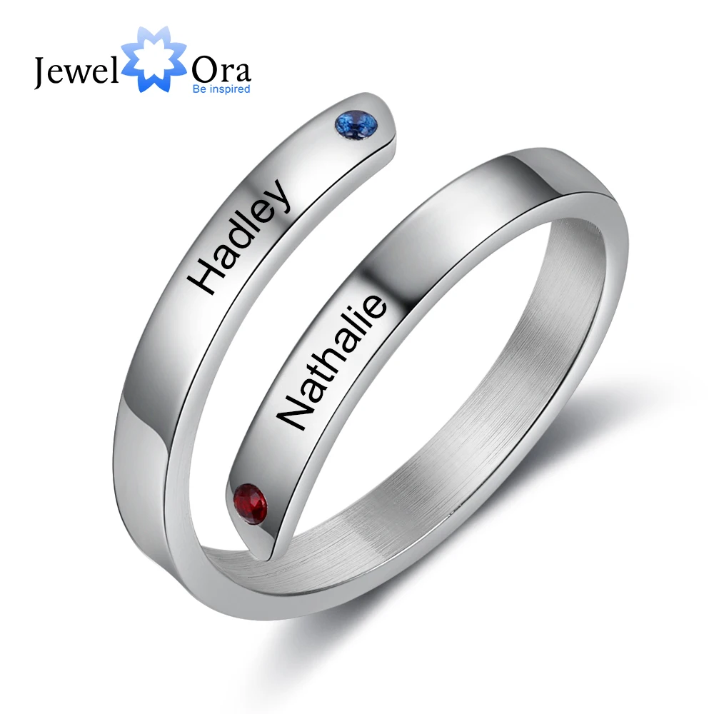 JewelOra Personalized Engraving Couple Name Finger Ring Stainless Steel Custom 2 Birthstones Rings for Women Gift for Girlfriend