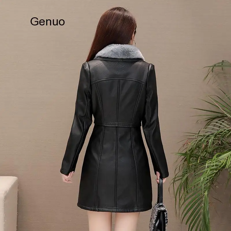 Autumn Winter Women Pu Leather Jacket Mid-Long Thickening Black Jacket Faux Fur-Neck Warm Coat Motorcycle Outwear Overcoat