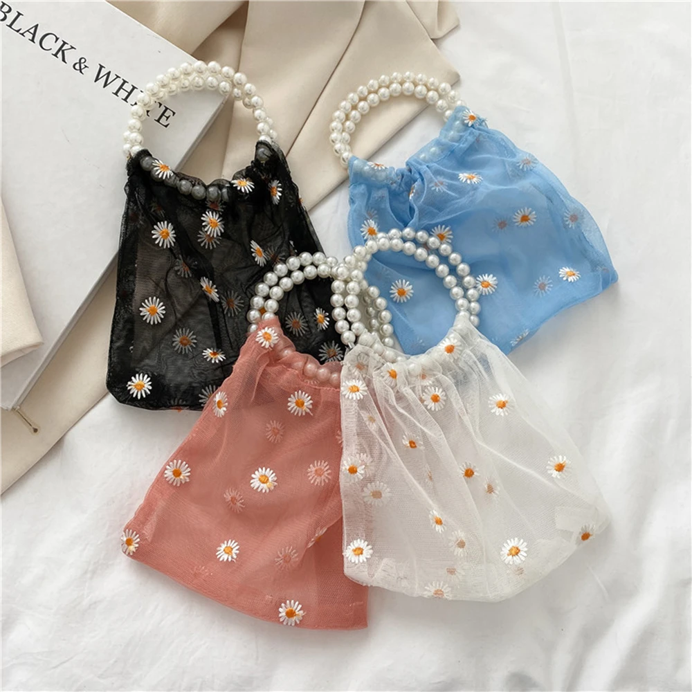 

Small Daisy Mesh Shipping Bags Embroidered Light Tote Bags Bolsos Female Floral Pearl Handle Organza Shopper Bag Eco Handbags