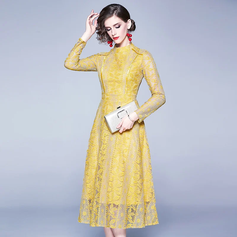 

New Vestidos Lace Evening Party Dress Fashion Vintage Floral Hollow Out Luxury Elegant Slim Womens Dresses Runway