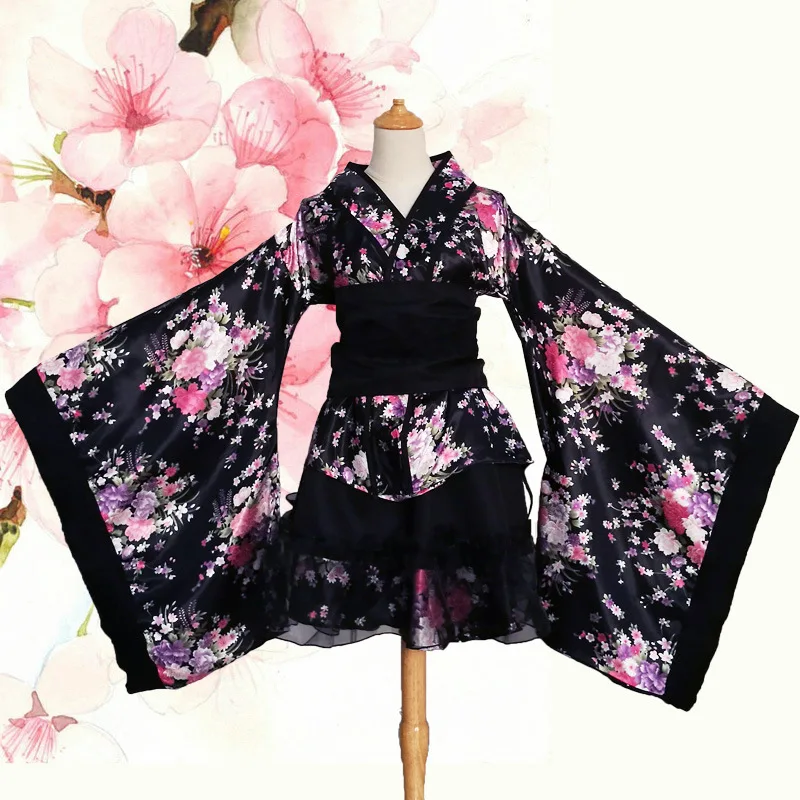 Feminino curto sexy quimono anime japonês lolita cereja sakura flor impressão quimono maid trajes seda yukata fantasia vestido S-3XL