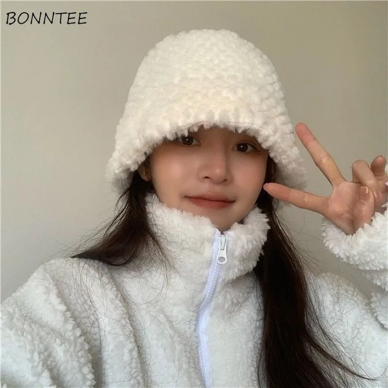 Bucket Hats Women Solid Daily Winter Newest Casual Sweet Girls Keep Warm Stylish Harajuku Streetwear Comfort College Basic Teens