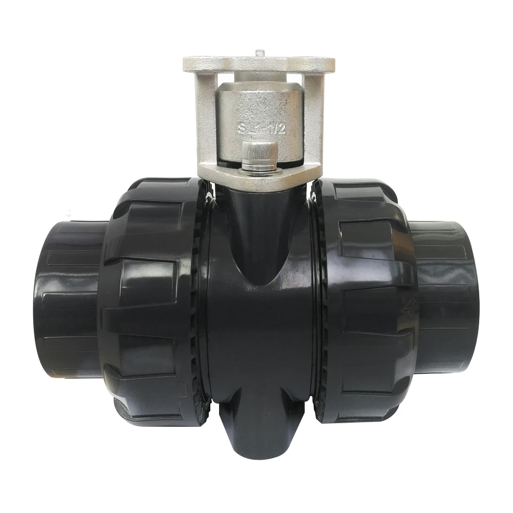 DN40 UPVC  2 way valve body with union end glue connection or BSP, NPT thread for electric actuator