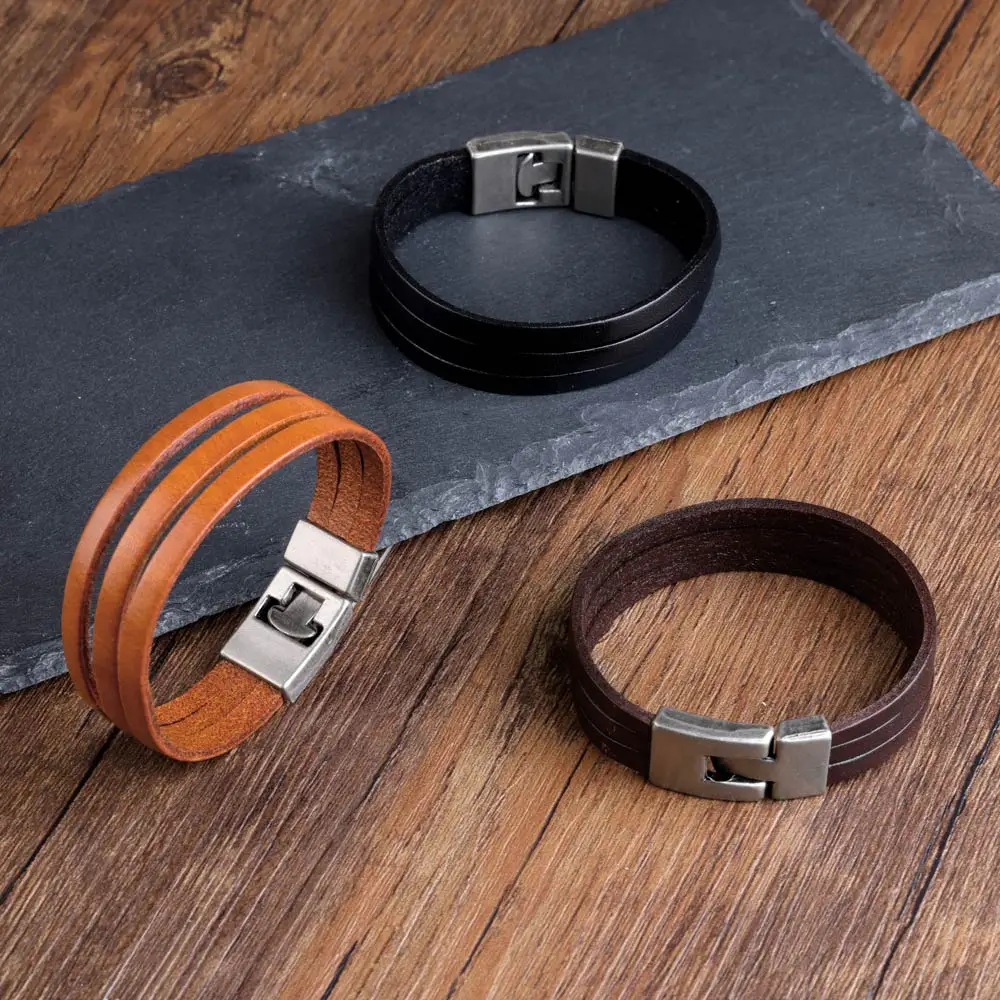 Classic Style Three Layer Genuine Leather Bracelets For Men Women Toggle-Clasp Cuff Vintage Bracelets On Hand Male Jewelry Gift