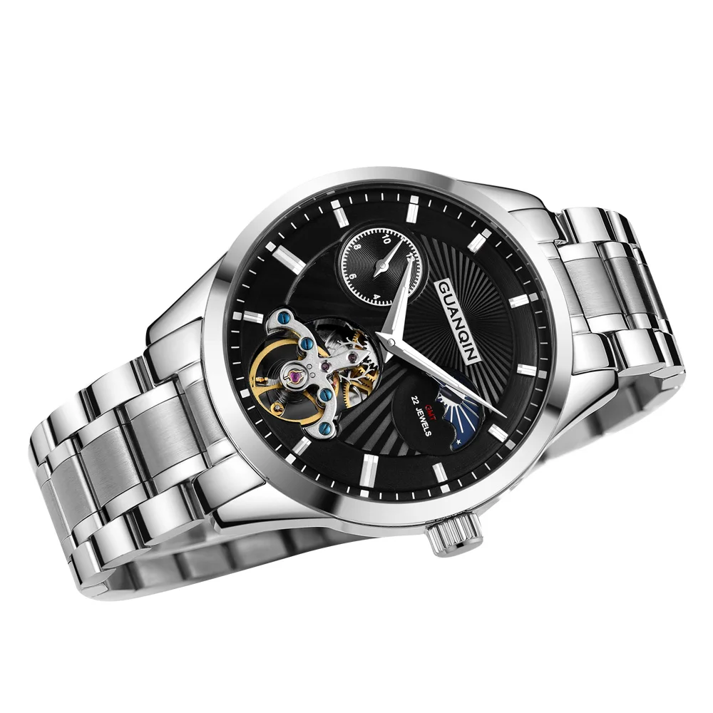 

GUANQIN мужские роскошные автоматические сапфировые часы с автоподзаводом, светящиеся полые турбийоны, водонепроницаемые механические мужские часы Montre Homme