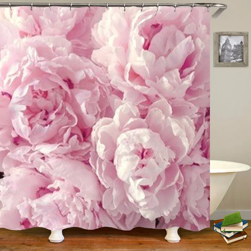 

Trendy Girly Pink Romatic Flower Peony Curtains for Shower Bath Peonies Decorative Bathroom Shower Curtain Set Waterproof Hooks