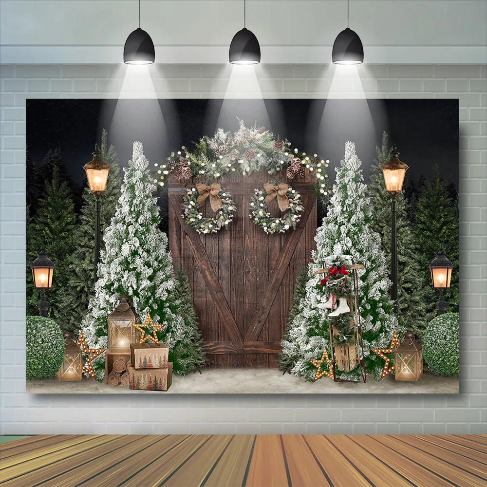 크리스마스 레트로 나무 문 사진 배경 눈 크리스마스 트리 장식 어린이 파티 Photocall 배경 사진 스튜디오