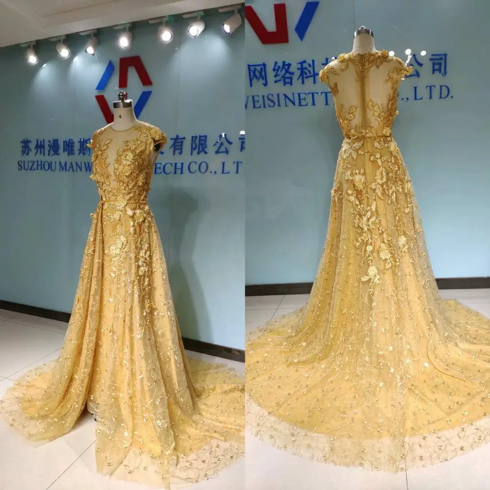 Real Images Evening Dresses Detachable Train Jewel Lace Appliques Prom Gowns Custom Made A-Line Party Dress