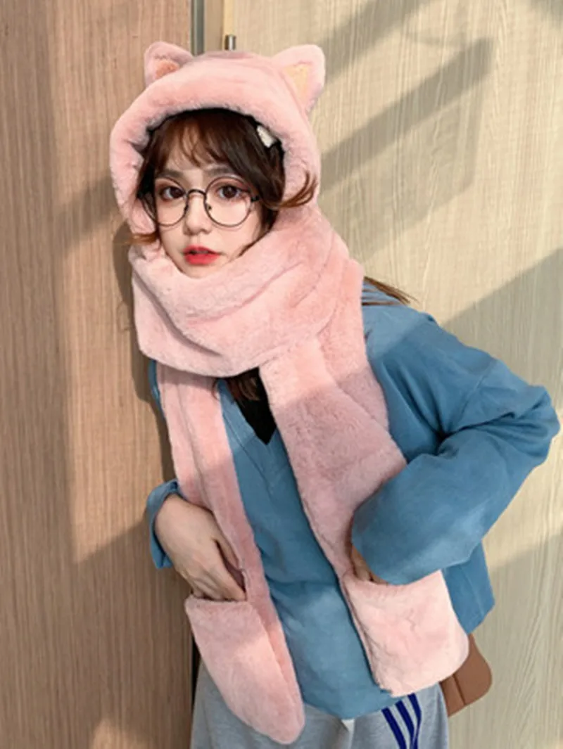 New Autumn/Winter 2023 Girls Hot Hat With Double Scarf and Gloves White Pink Skin Tone Grey  Leisure Taking Pictures On a Date