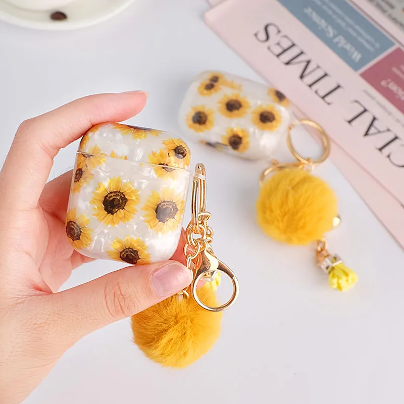 For apple AirPods 1 2 Pro Case Luxury Sunflower Flower Pattern Earphone Cases For Air Pods Pro Cover Box Cute Hairball keychain