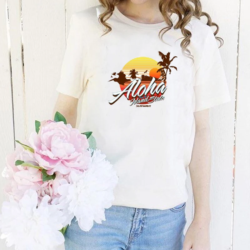 Aloha Tee 2021 Summer Letter Women Fashion Clothing O-Neck Hawaii Beach Clothes Vacation Retro T Shirt for Women Vintage Summer