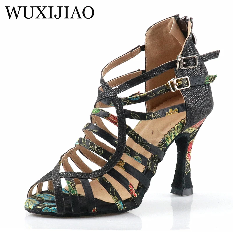 WUXIJIAO Women Latin Dance Shoes Salsa Rumba Samba Ballroom Party Non-Slip Sneakers Ladies Wedding High Heels BLUE BLACK