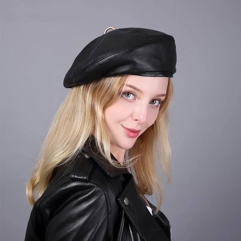 Spring/Winter 100% Real Leather Beret Hat Women Fashion European Pumpkin Painter Caps Female Rainbow Color White/Red Thin Boina