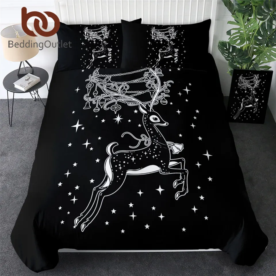 

BeddingOutlet Christmas Deer Bedding Set King Size Elk Black Duvet Cover Festival Home Textiles Stars Cartoon Bedclothes 3pcs