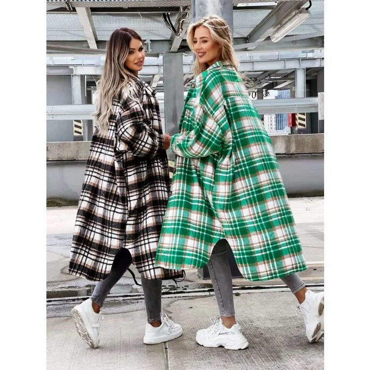 Women Plaid Warm Shirt Female Trench Checked Coat Casual Turn-down Collar Long Sleeve Autumn Blouse Fashion Loose Outwear Tops