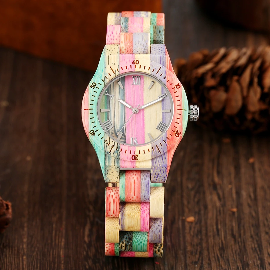 

Women Watch Elegant Colorful Bamboo Wooden Watch Fashionable Candy Color Band Quartz Wood Wristwatch Top Brand Luxury reloj 2020